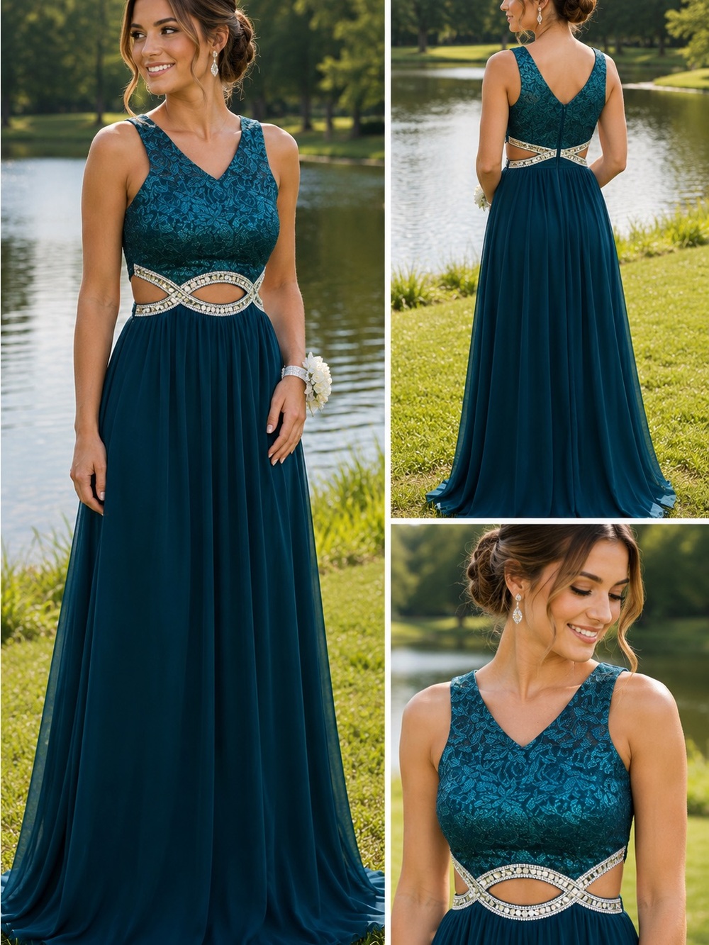 Xtraordinary Teal Lace Bodice Maxi Gown with Jeweled Cutouts. Wore once